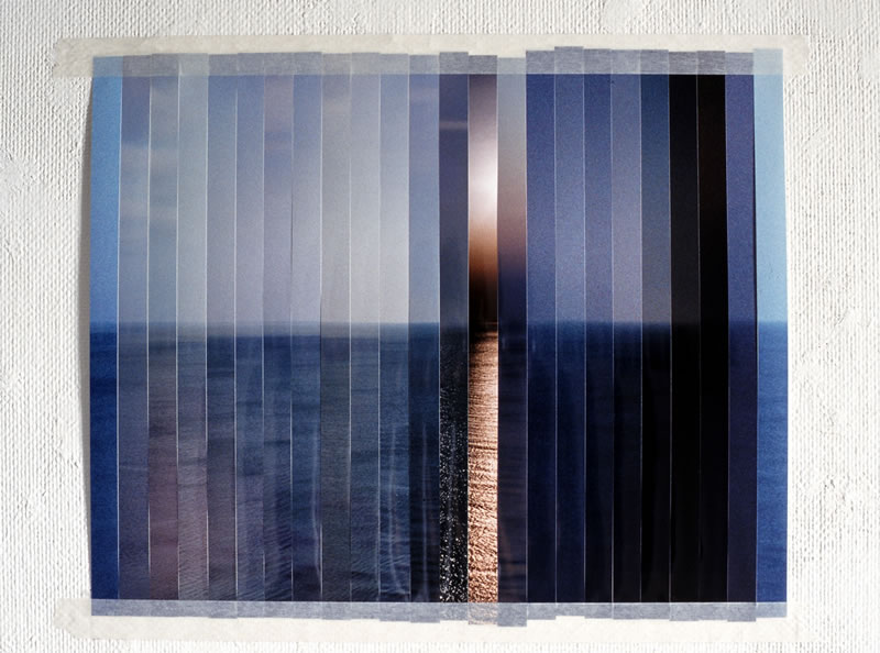 縦に裁断された写真の一片は右に向かうに従い一時間進んでいく。それぞれの一片の位置は元の画像から変わっていない。